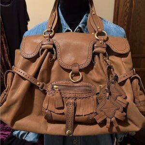 Tan Leather Shoulder/Hobo  Bag with Fringe and Ring Accent